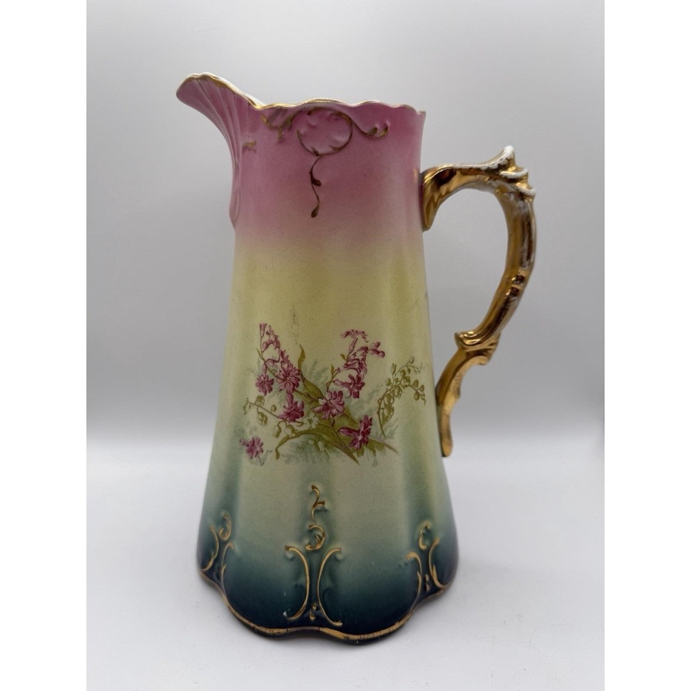 Antique‎ Style Porcelain Pitcher Floral Gold Gilt Handle Pink Green 8.5"